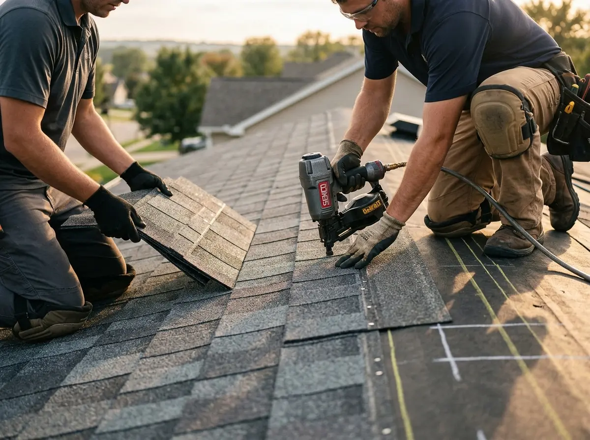 Professional roofer working on a residential roof in Ives Estates